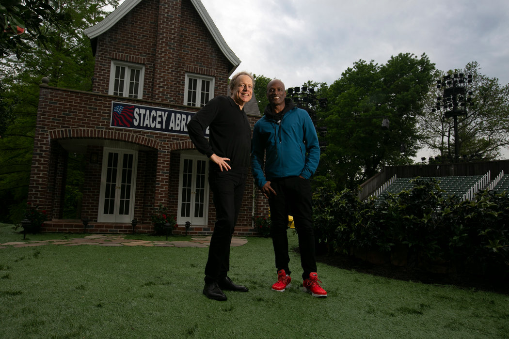 Kenny Leon, right, director of "Much Ado About Nothing" for Public Theater's Shakespeare in the Park, and James Shapiro, Public Theater's Shakespeare scholar in residence, on the set of the comedy at Central Park ’s Delacorte Theater. The production sets the play in 2020 and features an all-black cast. Jason J. Armond/NYT Institute